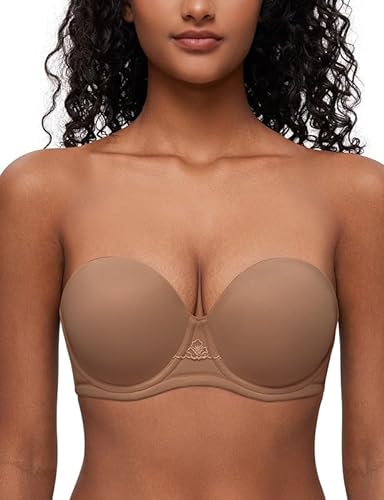 Deyllo Damen Trägerloser BH Super Push up Extrem BH Große Größen mit Bügel Geformte Comfy Multiway Strapless Bra Starker Halt Milchkaffee 85D/38D von Deyllo