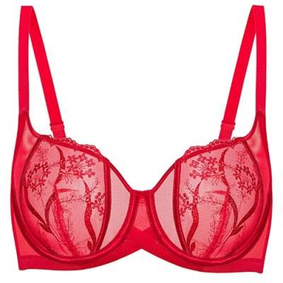 Deyllo Sexy Spitzen Damen BH mit Bügel Push Up Durchsichtige BH Rückenfrei Soft Komfort BH Balconette Klassische BH Trägeverstellbar BH Ungepolstert Rot 90D/40D von Deyllo