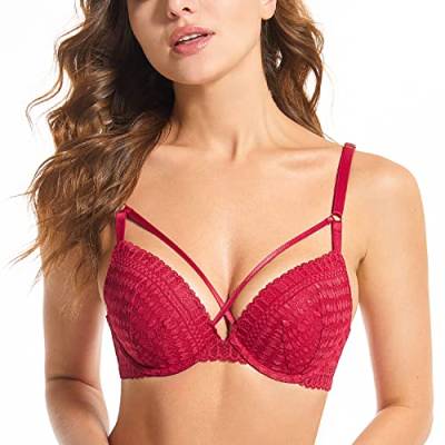 Deyllo Women´s Comfy Push Up BH Spitze BH Gepolsterter Bügel BH Lift Up Fügen Sie eine Tasse hinzu(Rot,85D) von Deyllo