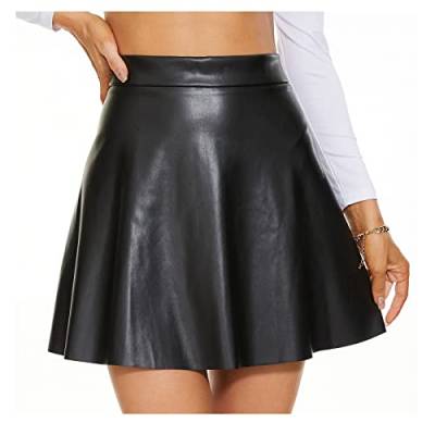 DingCo Damen Kunstleder Schwarz Minirock Klassischer Hohe Taille Rock Faltenrock PU Schwarz Lederrock, Mattschwarzer, elastischer Reißverschluss, Mittel von DingCo