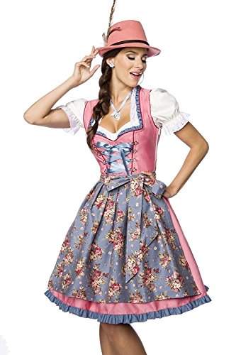 Luxus Designer Dirndl mit Schürze Kleid Dirndkleid Oktoberfest Tracht Trachtenkleid Spitze Denim Blumenprint Paspelierung Rüschen- XS, Rosa/Blau von Dirndline