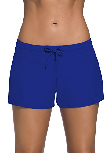 Dolamen Damen Badeshorts Bikinihose Shorts Trunks Badeanzug Bauchweg Badekleid mit verstellbarem Tunnelzug Mini Bikini Slip Beachwear, Boyleg Stil (Small, Blau) von Dolamen