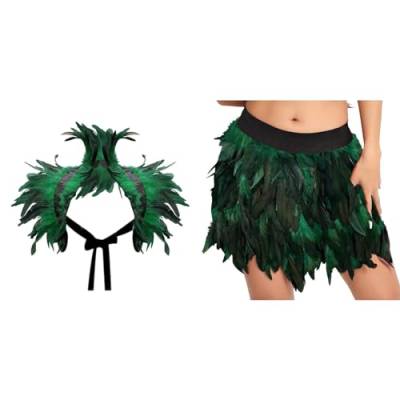 Gothic Federrock + Federschal 2-teiliges Set Pfau Kostüm Damen Pfauenfedern Outfits Karneval Kostüm Damen Bühnenkostüme Ballkleid Damen Rock Minirock für Cosplay-Party Karneval Leistung (Z-Green, XXL) von DolceTiger