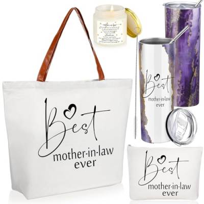 Domensi Geschenk-Set für Schwiegermutter, Aufschrift "Best Mother in Law Ever", Marmorschild, Becher, Geschenktasche, Make-up-Tasche, Schwiegermutter, Duftkerzen, Muttertag von Tochter und Sohn, von Domensi