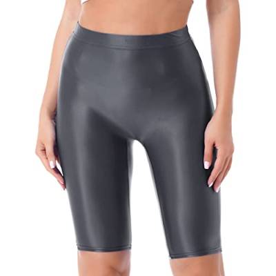 Doomiva Damen Kurze Leggings Blickdicht Glänzend Sporthose Radlerhose Yogahose Slim Fit Fitnesshose Elastische 3/4 Sport Leggings Yoga Shorts Dunkelgrau A XL von Doomiva