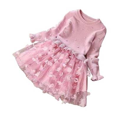DorkasDE Mädchen Kleid Kinder Pullover Prinzessinnen Kleid Frühling und Herbst Netzrock (120cm(Etiketengröße 130), Rosa) von DorkasDE