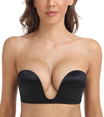 DotVol Damen Trägerloser BH Push Up Tief U Bra Gepolstert Rückenfrei Bra mit Abnehmbare Träger unsichtbar Multiway BH(75D,Schwarz) von DotVol