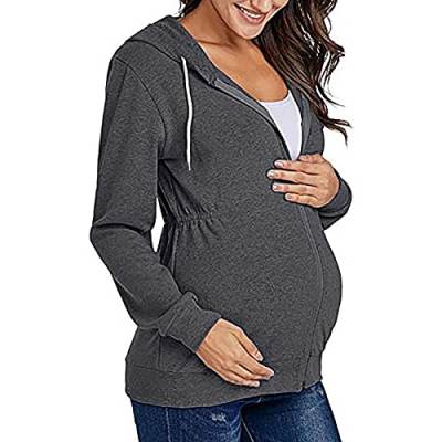 Doublehero Damen Schwanger Übergangsmantel mit Kapuzen Oberteile Langarm Stillshirt Kapuzenpullover Solide Sweatshirt Umstandstops Mama Kleidung Umstandstunika Schwanger Umstandsshirt XXL, Dunkelgrau von Doublehero