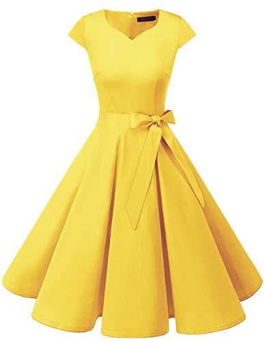 Dresstells Damen Vintage 50er Cap Sleeves Rockabilly Swing Kleider Retro Hepburn Stil Cocktailkleid Yelllow 3XL von DRESSTELLS