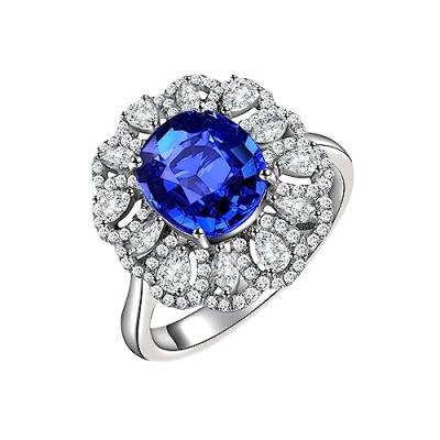 Dsnyu Eheringe Weissgold 750, Ringe Frauen Vintage Cluster Blume 4 Prong Labor Geschaffener Saphir 2.35ct Ovale Form Blau Trauringe Größe 54 (17.2) von Dsnyu