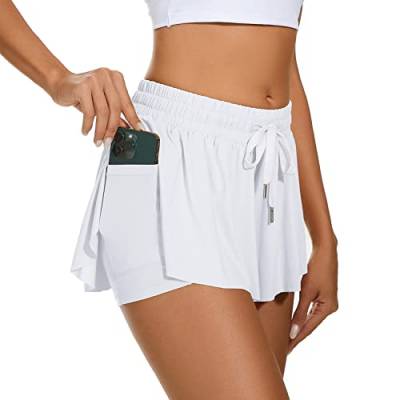 Durio Damen Shorts Kurze Hose Sommer Running Sport 2 in 1 Laufshorts Freizeit Sportshorts mit Futter und Taschen Weiß 40-42 (Tag Size L) von Durio