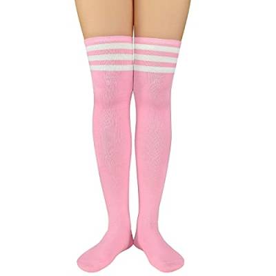 Durio Overknee strümpfe damen Warme Extra lang socken thigh highs femboy outfit overknees stiefel halterlose strümpfe sexy schuluniform mädchen Rosa und Weiß Streifen Einheitsgröße von Durio