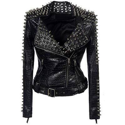 E-girl Damen Schwarz Nieten Lederjacke Kunstleder Bikerjacke mit Reißverschluss,P608,S von E-girl