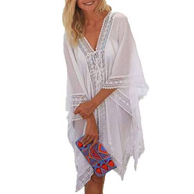 EDOTON Damen Strand Chiffon Cardigan mit Spitze - Sommer Boho Urlaub Poncho Bikini Cover up Badeanzug Bedecken Pareos Kimono Strandkleid Tops Bluse Urlaub (Weiß) von EDOTON