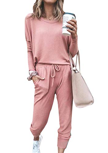 EFOFEI Damen Basic Zweiteiliger Schlafanzug Lang Weich Damen Lounge Sets Pyjama Set Baumwolle Rosa S von EFOFEI