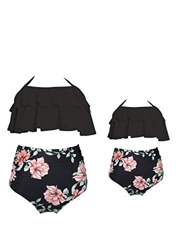 EFOFEI Damen Bikini Rüschen Ärmellose Bademode mit Blumenmuster für Mama Schwarz S von EFOFEI