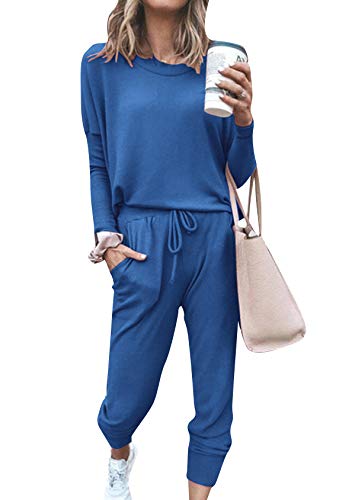 EFOFEI Damen Lang Elegant Pyjama Weich Set Schlanke Passform an den Armen eines Langarmanzugs Freizeitanzug für zu Hause Blau XL von EFOFEI