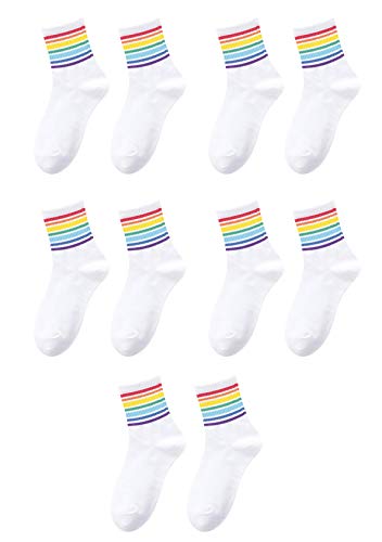 EFOFEI Damen Süße Regenbogen Farbblock Socken Baumwollsocken Im College-Stil All Match Schwarz Weiß Kombinationssocken Weiße Streifen 5 Paare von EFOFEI