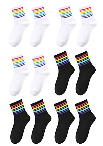 EFOFEI Damen Süße Regenbogen Farbblock Socken Personalisierte Gestreifte Trendige Socken Baumwollsocken Im College-Stil Schwarz-Weiß-Streifen 6 Paare von EFOFEI