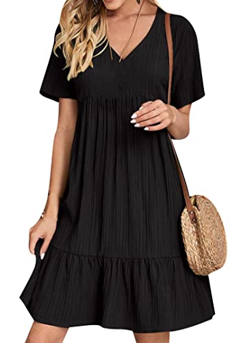 EFOFEI Damen V Ausschnitt Faltenkleider Kurzarm Taillenfließendes Kleid Pastoral Style Fresh Solid Color Kleid Schwarz XL von EFOFEI