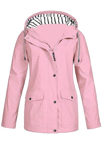 EFOFEI Unisex Regenmantel Mit Kapuze Skijacken Einfarbig Gestreift Winddicht Mantel Reißverschluss Schnalle Winddicht Jacke Rosa 3XL von EFOFEI