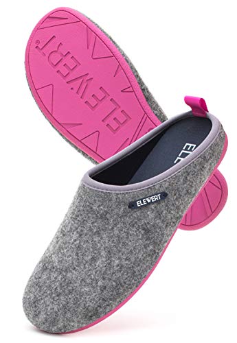 ELEWERT® Damen Hausschuhe I Recycelte Filzpantoffeln I Herausnehmbares Fußbett I Natürliche Gummisohle I Rutschfeste Pantoletten I Damen Slipper für Plantarfasziitis I Spanien I Grau/Pink, EU 40 von ELEWERT