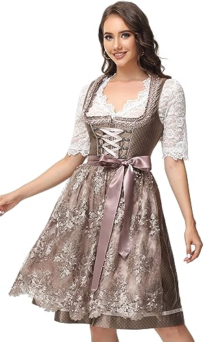 ELFIN Damen Midi Dirndl Elegante Trachtenkleid für Oktoberfest inkl. Spitzen Dirndlschürze, Dunkelbraun, 46 von ELFIN