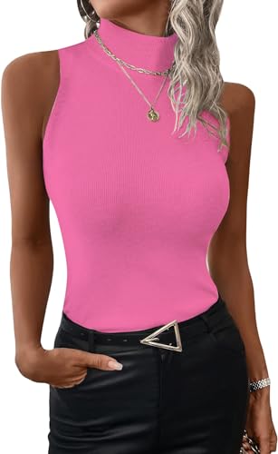 ELFIN Damen Rolli Top Elegant Rollishirt Rollkragen Ärmellos Basic Stretch Weste Slim Fit Gerippt Tank Tops Pullover Einfarbig (XL, Roserot) von ELFIN