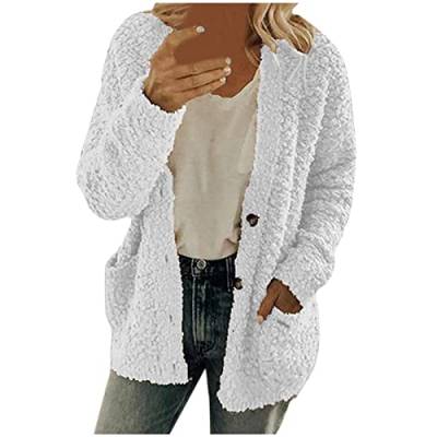 EMATOP Damen Fleecejacke Winter Teddy Mantel Warm Flauschig Jacke Dicke Gefüttert Plüschjacke Casual Langarm Wolljacke Kuschelig Einfarbig Winterjacke mit Taschen Teddyjacke Outdoor Wintermantel von EMATOP