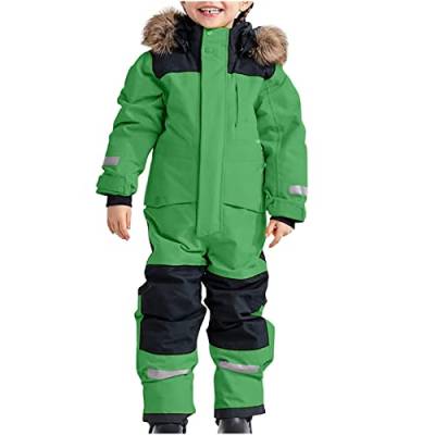 Schneeanzug Kinder Jungen Skianzug Einteilige Thermo Skioverall Winter Warm Schneeoverall Wasserdicht Winddicht Winteranzug mit Abnehmbarer Kapuze Matschanzug Outdoor Softshellanzug (110, Grün) von EMATOP