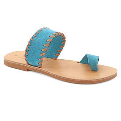 38 Türkis-Lachs Emmanuela griechische Wildleder bestickte Zehenringsandalen, hochwertige handgefertigte Slide Sommerschuhen für Damen, Boho Chic offene Zehen Sandalen von EMMANUELA handcrafted for you