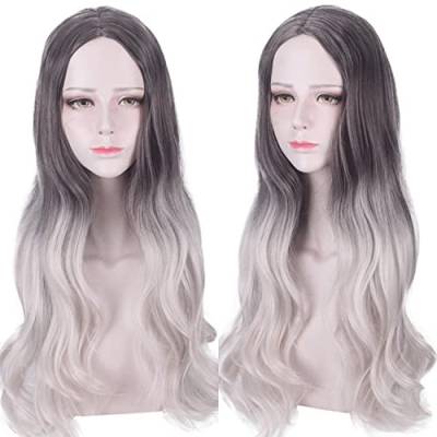 Wig for Halloween Fashion Christmas Party Dress Up Wig Models Of Wigs Female Long Curly Hair Centered Big Wave Dyeing Wig Set Black Gradient Silver White von EQWR