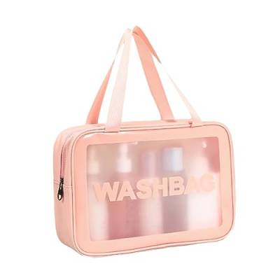 ERJUR Kulturbeutel für Frauen Männer Pvc+Pu Kosmetiktasche Matte durchscheinende Duschtasche mit praktischem Griff, Pink, L, modisch von ERJUR