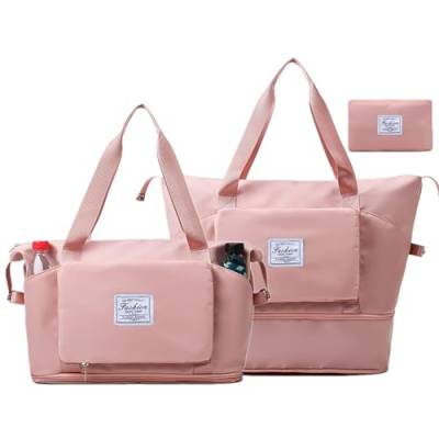 ERJUR Reise-Duffel Bag Große Faltbare Turnbeutel Leichte Weekender Übernachtung Tasche Carry on Erweiterbare Taschen für Flugzeug, Pink, Reisetasche mit Trolleyhülle von ERJUR