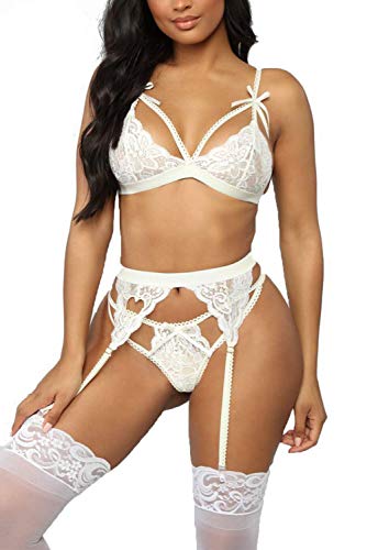 EVELIFE Damen Dessous Set Strapse Reizwäsche 3 Teiliges Set Spitzen Strumpfband Sexy BH und Unterhose Set(Weiß L) von EVELIFE