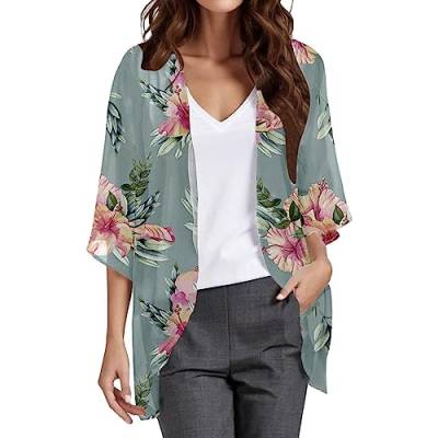 EWFAS Damen Sommer Chiffon Kimono Cardigan Leicht Casual 3/4 Ärmel Beachwear Bikini Cover Up Strickjacke Einfarbige Leichte Sommerjacke Strand Shawl Bluse Oberteil Tops Schiere lose Bluse Tops von EWFAS