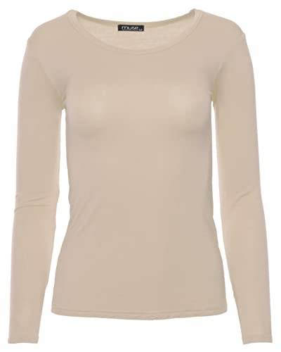 Easy Young Fashion - Damen Basic Rundhals Shirt - Langarm Unterziehshirt - Skinny Fit 1093 - Beige L von Easy Young Fashion