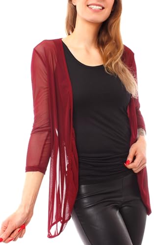 Easy Young Fashion - Damen Mesh Cardigan zum binden - transparentes Langarm Jäckchen - leichte Netz Jacke - Cover up 7058 - Dunkelrot von Easy Young Fashion