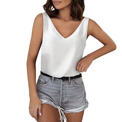 Eauptffy Damen Satin Tank Tops Doppellagig Ärmellos Blusen Tanktops Für Frauen V Ausschnitt Seide Sommer Satin Ärmellose Bluse Basic Camisole Shirts Weiße Bustier Karneval Rave Club Crop Top von Eauptffy