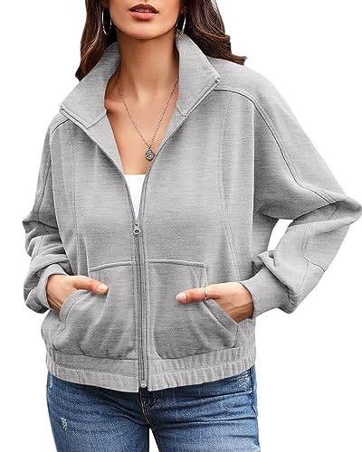 Ebifin Zip Sweatshirt Damen Ohne Kapuze Sweatjacke übergangsjacke Herbst Jacken Sommerjacke mit Tasche.Grau.XXL von Ebifin