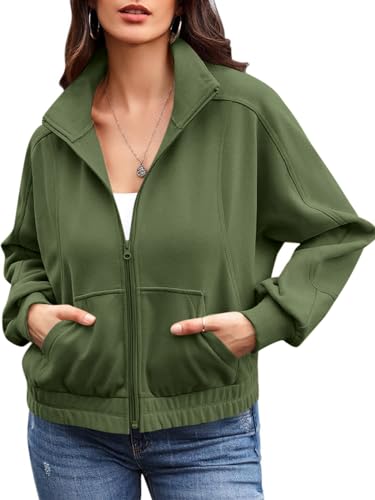 Ebifin Zip Sweatshirt Damen Ohne Kapuze Sweatjacke übergangsjacke Herbst Jacken Sommerjacke mit Tasche.Armee-Grün.L von Ebifin