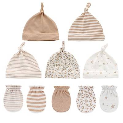 Ecojoy Newborn Baby 5 Mützen und 5 Paar Kratzfeste Fäustlinge für Babys Jungen und Mädchen, Alter 0-6 Monate, 100% Baumwolle, Einheitsgröße, Beige von Ecojoy