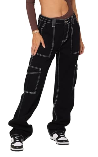 Ecupper Damen Cargo Hose Jeans mit Taschen Y2K High Waist Workwear Outdoorhose Relaxed-Fit Jogginghose Baggy Weit Schwarz XL von Ecupper