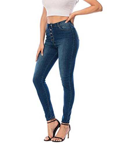 Ecupper Damen Skinny Fit Jeans Slim High Waist Femal Jeans Stretch Jeanshosen Dunkelblau-5 Knopf M von Ecupper