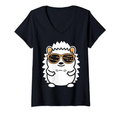 Damen Tierischer einfacher kleiner Baby-Igel mit Sonnenbrille T-Shirt mit V-Ausschnitt von Einfacher minimalistischer Tierigel. Lustiger Igel
