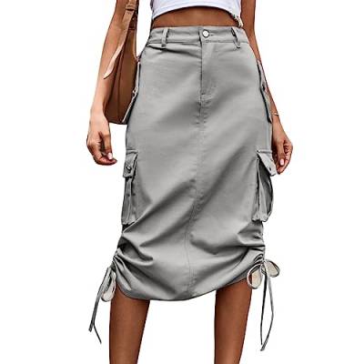 Baggy-Rock für Damen, Seitlicher Kordelzug, Große Tasche, Einfarbig, Midirock mit Hoher Taille, Cooler Vintage-Rock für Damen (M) von Ejoyous