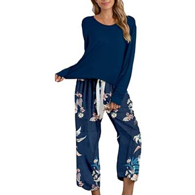 Damen Schlafanzug Pyjama Set Baumwolle Zweiteiliger Hausanzug Nachtwäsche Loungewear Langarm Rundhals Freizeitanzug(XL-Dunkelblau) von Ejoyous