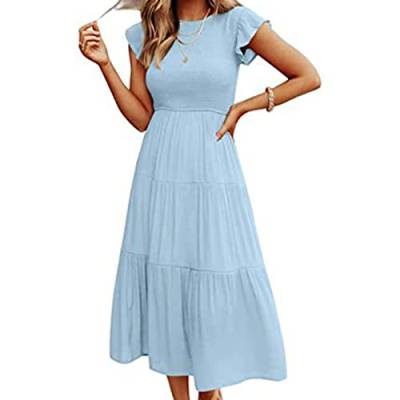 Damen Sommerkleid Strandkleid Damenkleid Kurzarm langes Kleid lässig ärmellos Maxikleid hohe Taille lockeres Maxikleid Rüschenärmeln (L-Hellblau) von Ejoyous