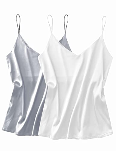 Ekouaer Unterhemd Seide Damen Satin Tank Top Sommer Silk Cami Ärmellose Sexy Camisole T-Shirt Blusentop Basic Casual Tank Bluse Shirt Weiß+Grau XL von Ekouaer