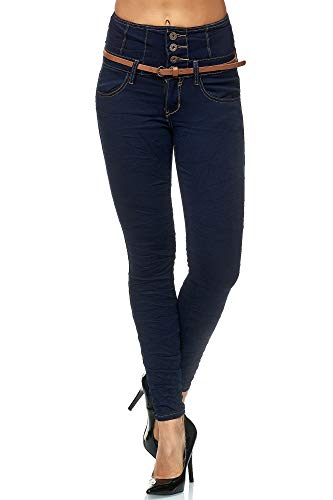 Elara Damen Jeans Skinny High Waist Hose mit Gürtel und Push Up Effekt Chunkyrayan 1577 Blue-34 (XS) von Elara